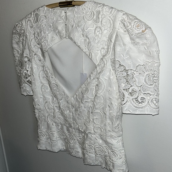 New Christy Lynn Lace Feminine Embroidered Puff Sleeve Tailored Peplum Blouse - Picture 8 of 14